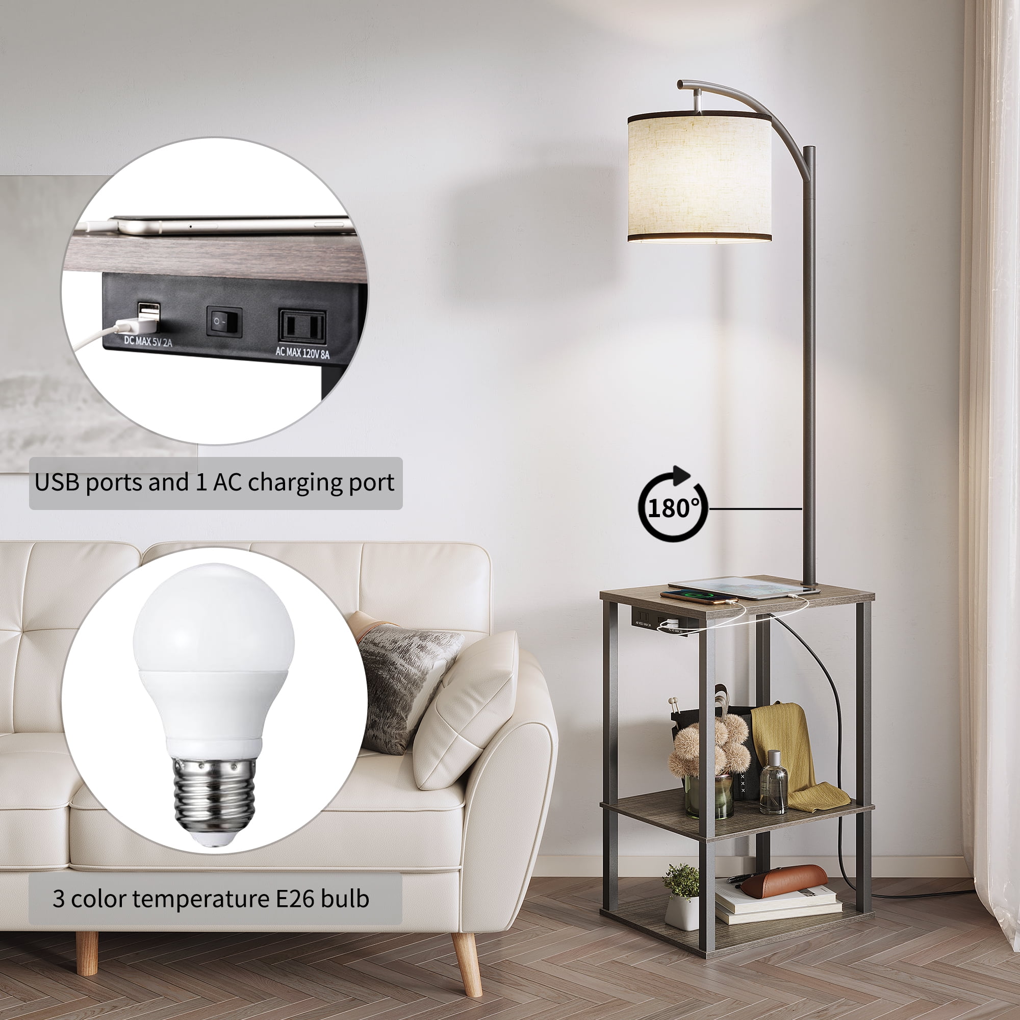 SUNMORY Floor Lamp with Table Lamps for Living Room with Charging Station(USB & AC Port) Rustic End Table Lamp with Shelves & 3-Color Temperature LED Bulb Lamp Table for Living
