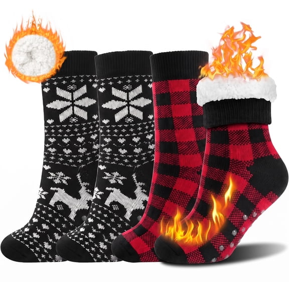 Loritta Secret Women Fuzzy Slipper Socks, 2 Pairs Christmas Winter Cozy Warm Thick Socks with Non-Slip Grippers