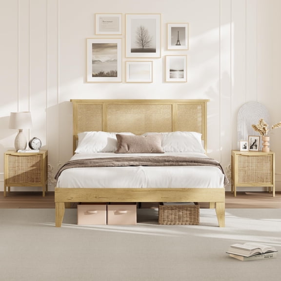 EcoSummer Queen Bed Frame with Boho Rattan Headboard & Cane Platform, Sturdy Wooden Slats and Metal Frame, No Box Spring Needed, Modern Silent Bed for Bedroom