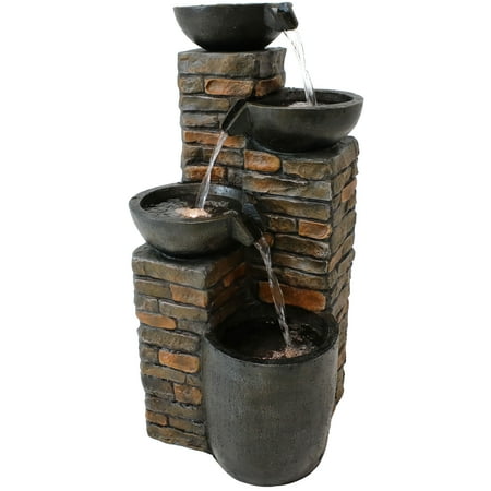 Outdoor Garden Pottery Sunnydaze Staggered Pottery Bowls Outdoor Water Fountain with LED Lights, Garden & Yard Cascading Tiered Waterfall Feature, 34-Inch Tall ()