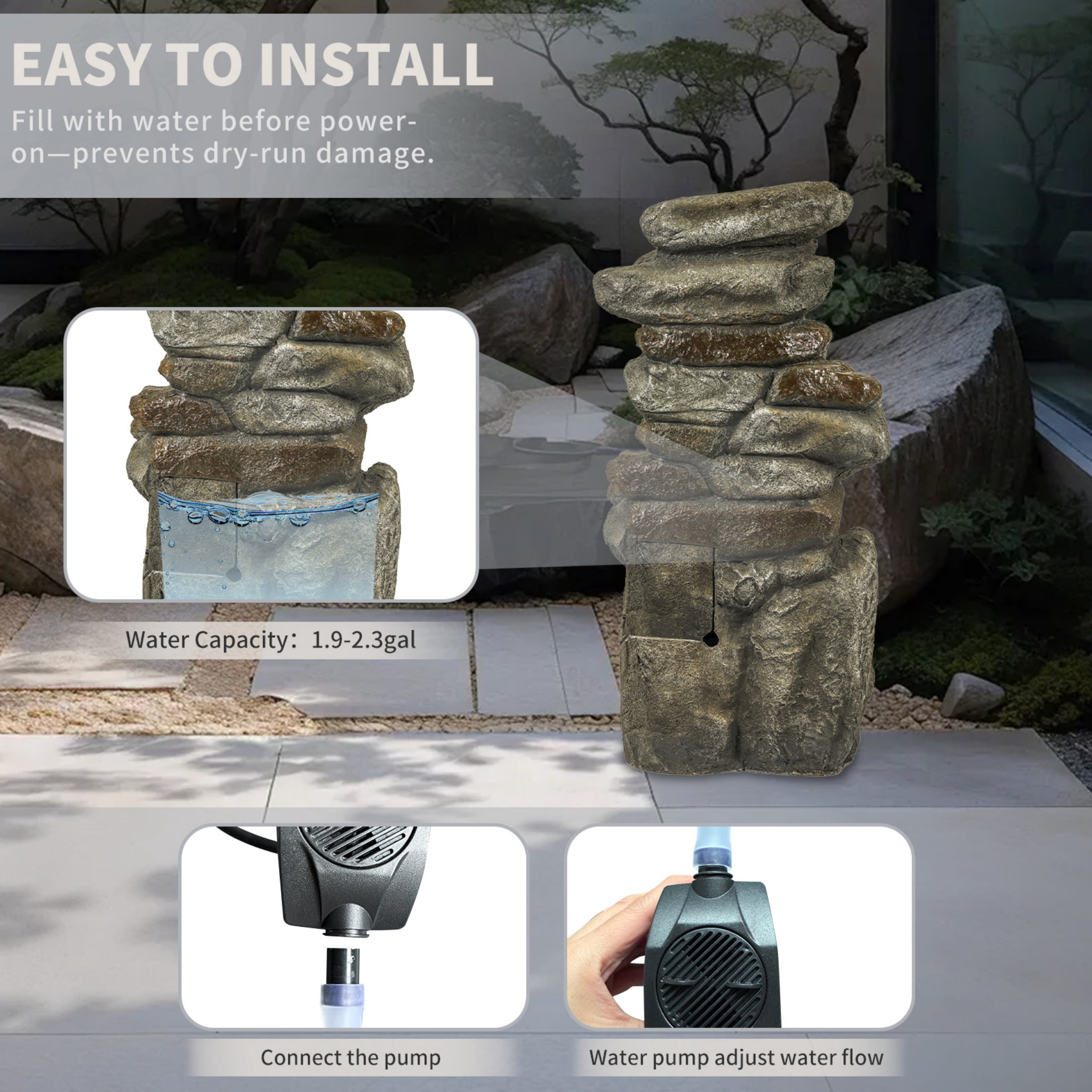 Nyddle Large Outdoor Water Fountain,30'' Natural Stone Style Fountain with LED Light,Decorative Cascading Water Feature for Patio,Yard,Garden,Backyard & Entryway