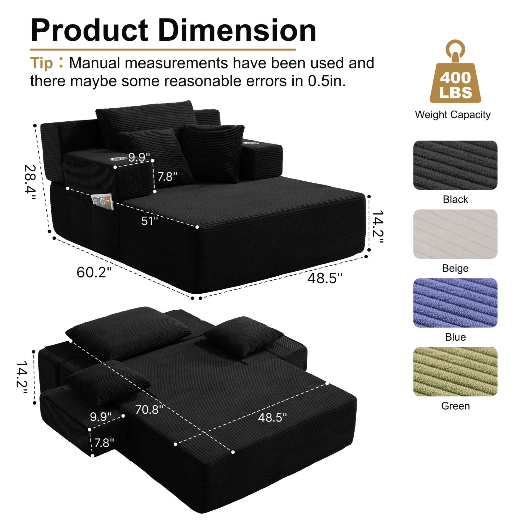 Leumius 70.8'' Oversized Chaise Lounge Chair Indoor,Plush Corduroy Upholstered Cloud Sofa Bed for Living Room,No Assembly Required,Black