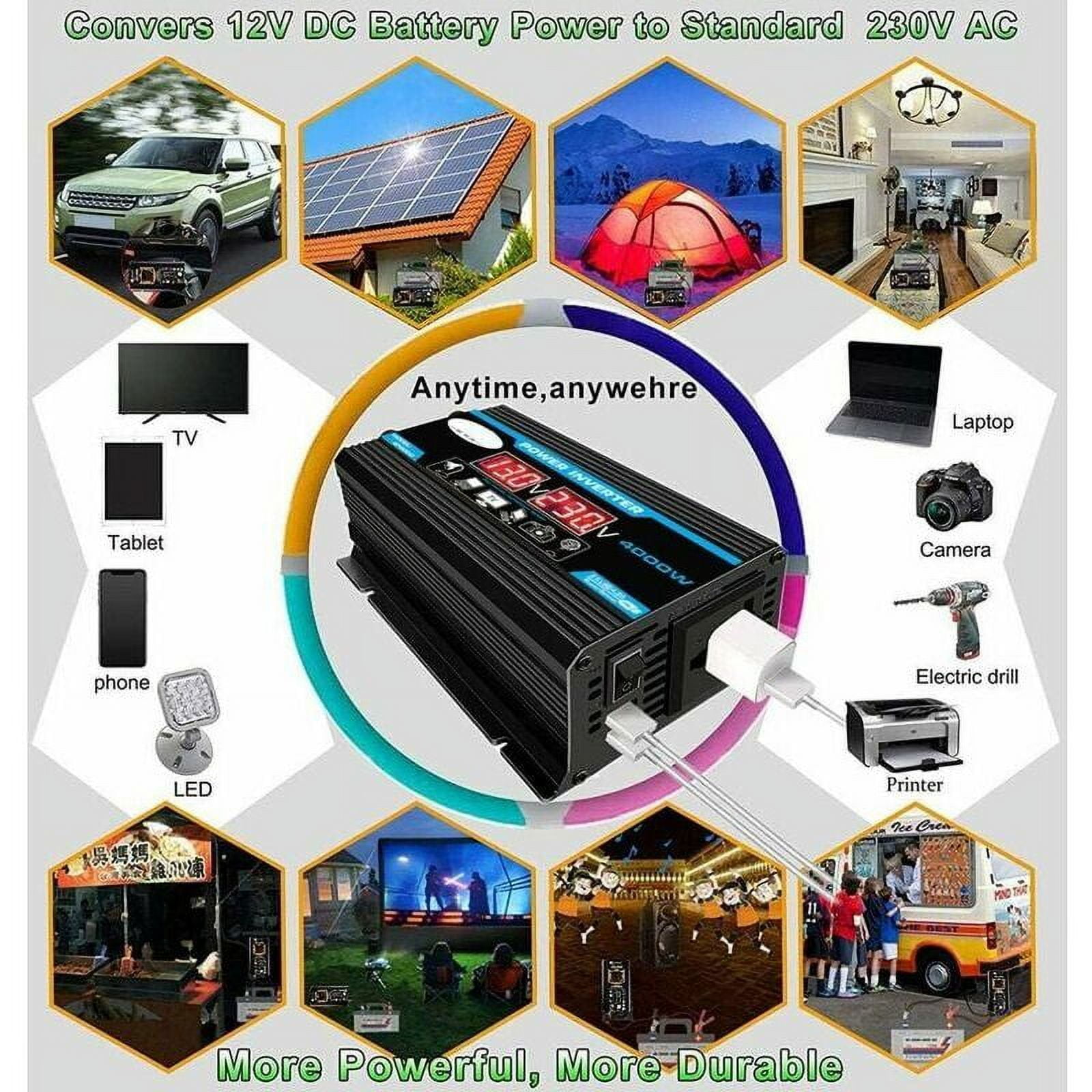 12V to 220V/110V AC Converter for Cars, Dual USB & Modified Transformer Powerful 4000W Pure Sine Wave Inverter