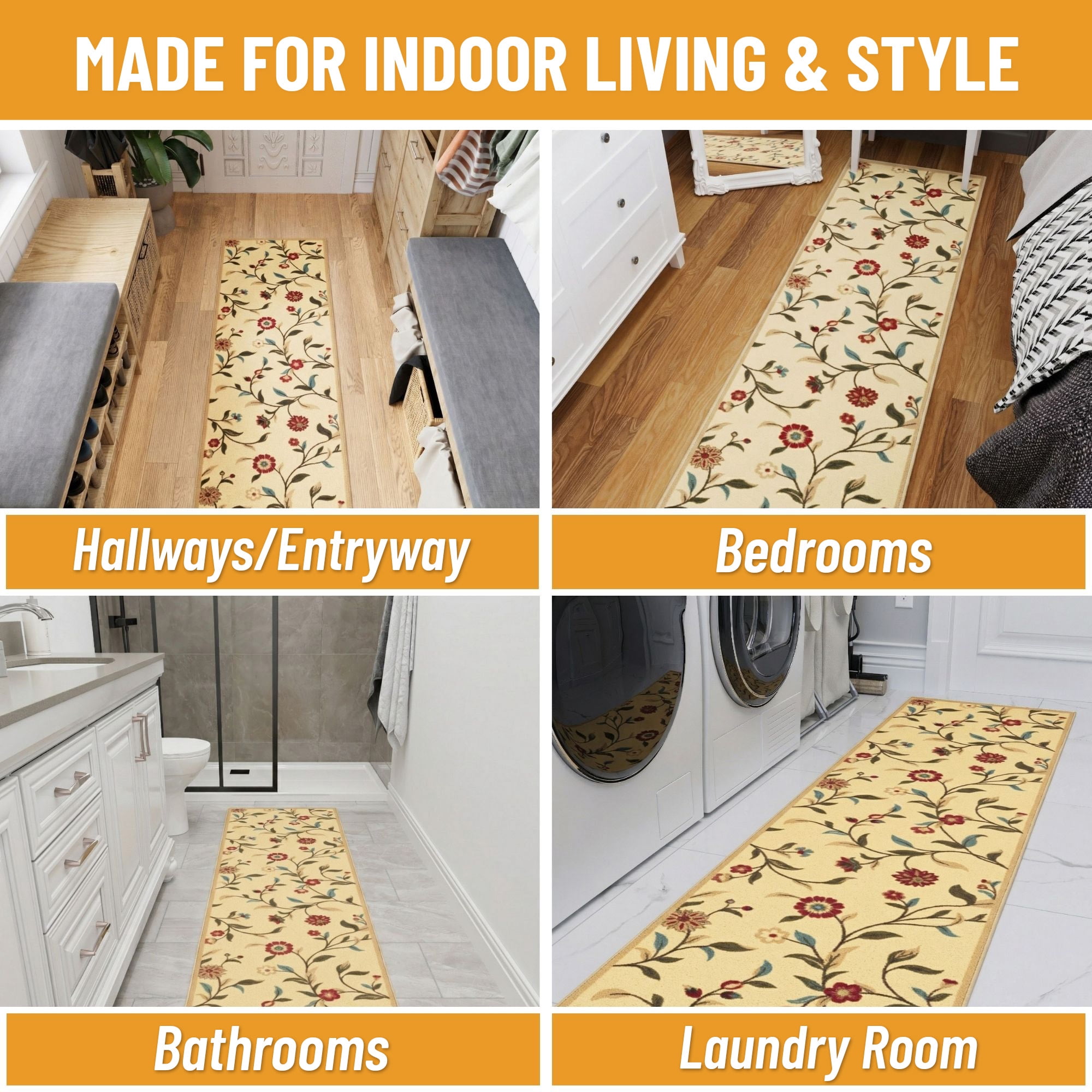 Ottomanson Extra Long Runner Rug 1'10.5" x 29' – Non-Slip Low Pile Hallway Carpet, Floral Beige