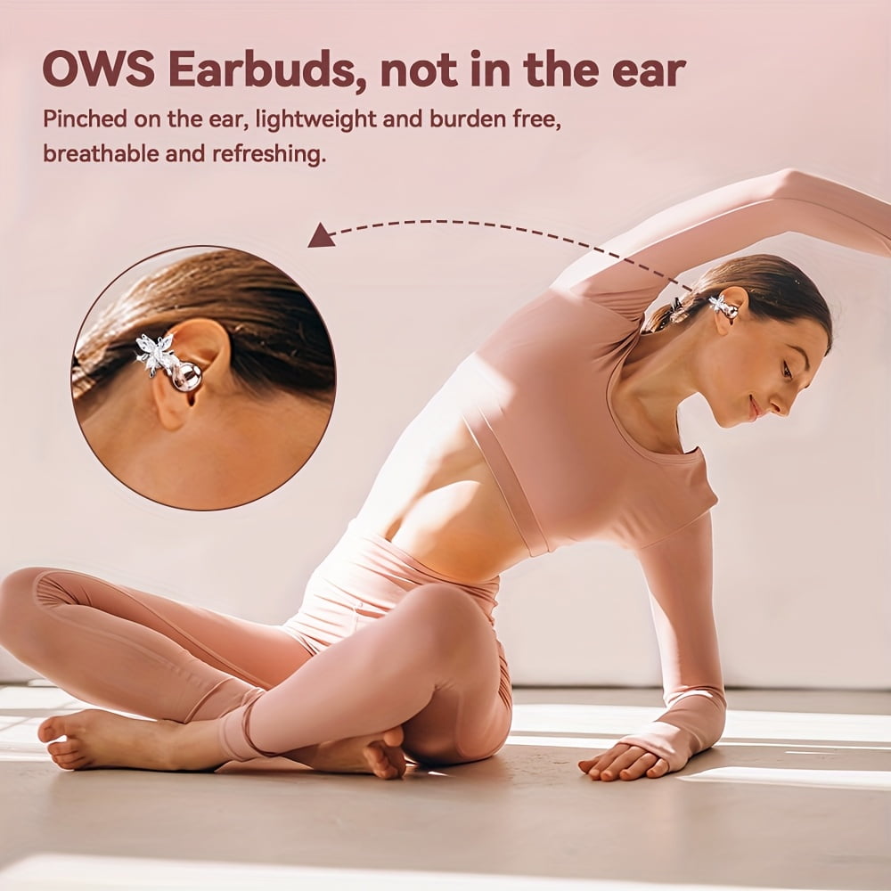 Wireless open earbuds, OWS clip-on earbuds, butterfly earring earbuds, pure stereo sound, suitable for sports/sports/outdoors, wireless earbuds, clip-on earbuds, travel earbuds, fashion earbuds, gift