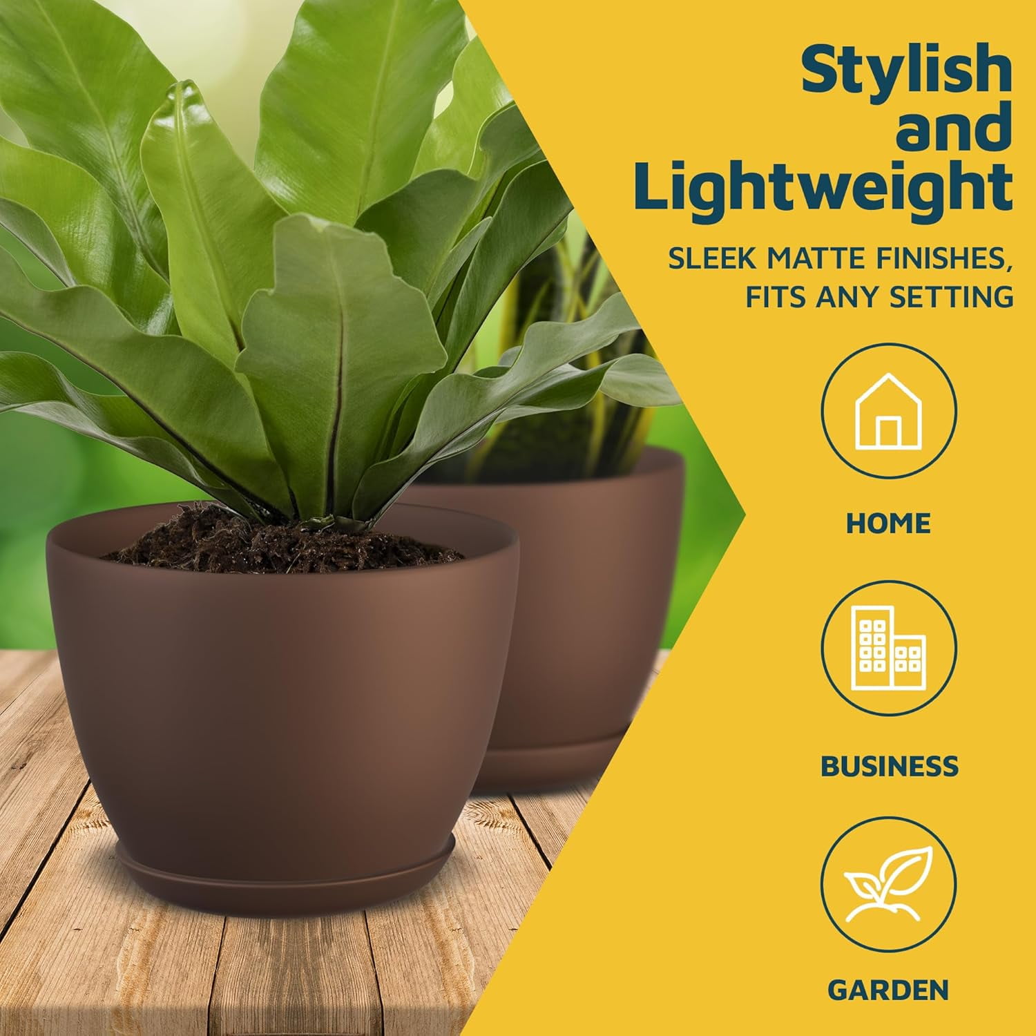 Brown Plant Pots with Drainage Holes & Saucers 3 Packs, Indoor & Outdoor Stackable Plastic Planters in Multiple Sizes for Houseplants & Flowers, Durable & Weatherproof Materials, Matte Finish