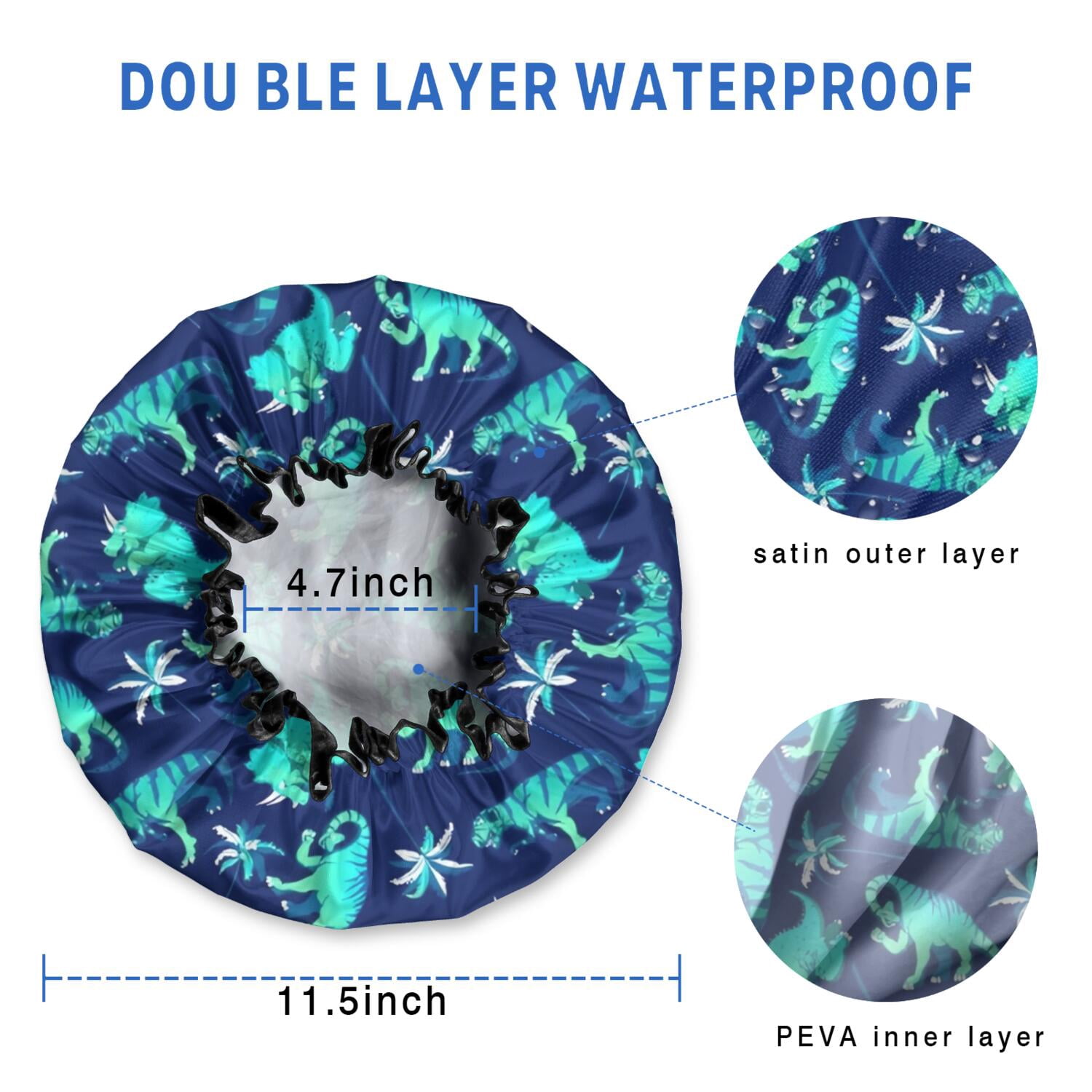 Shower Caps,DarkBlue Cartoon Dinosaurs Palms Pattern Waterproof Shower Cap for Women 4 Pieces,Double Reusable Hair Cover for Shower PEVA Elastic Stretch Hem