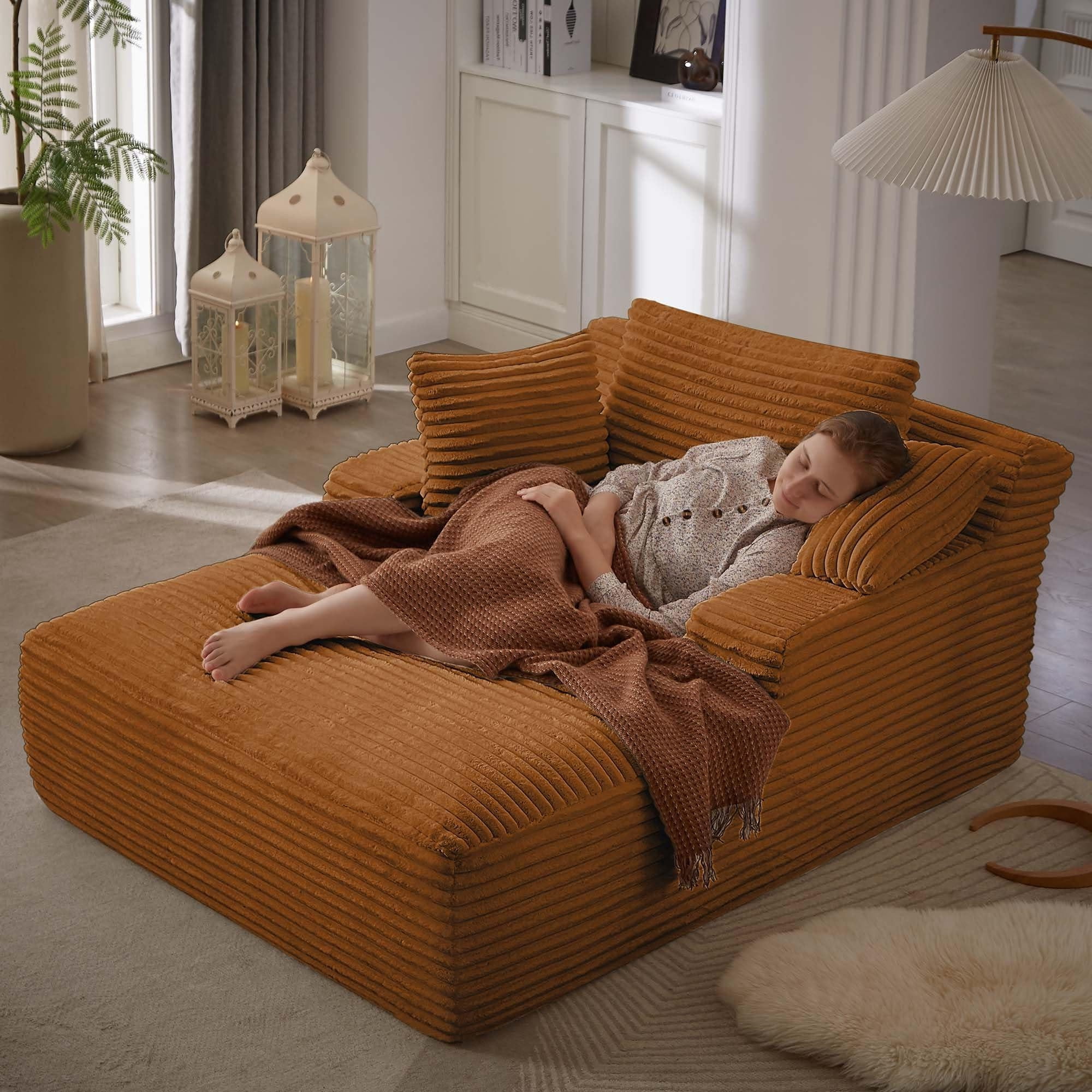 Aukfa 66" Oversized Chaise Lounge Indoor Chair Boneless Couch for Living Room Bedroom, 3Pillows, Orange