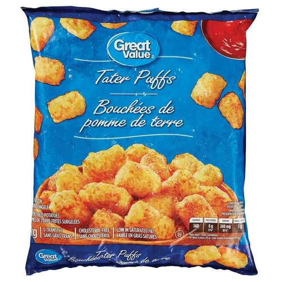 Great Value Tater Puffs, Frozen Fried Potatoes, 1 kg
