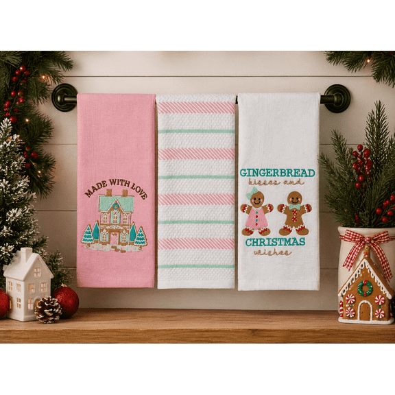 Serafina Home Christmas Kitchen Towels-Set of 3 Pink Green White 100% Cotton Embroidered Gingerbread House, Candy Cane Stripe, and Gingerbread Couple with Phrases Design - 16 x 26 Multipurpose Towels