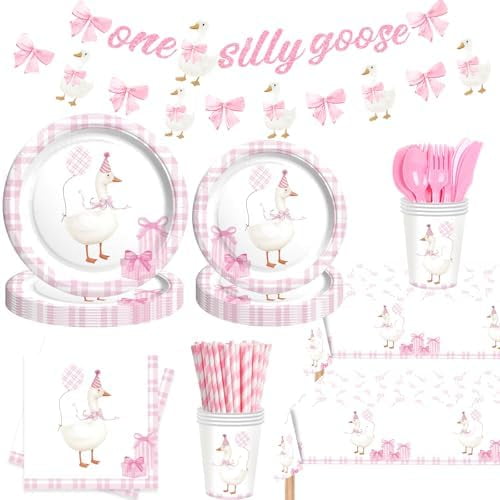 Silly Goose Birthday Decor Girl – 196 PCs Silly Goose Birthday Decorations Party Supplies with Cute Pink Banner, Tablecloth, Dessert Plates, Dinner Plates, Cups, Napkins, Cutlery