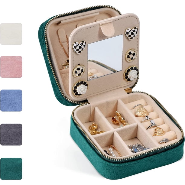 Mini joyero de viaje de terciopelo (verde negruzco) con espejo para pendientes, pulseras, anillos, collares
