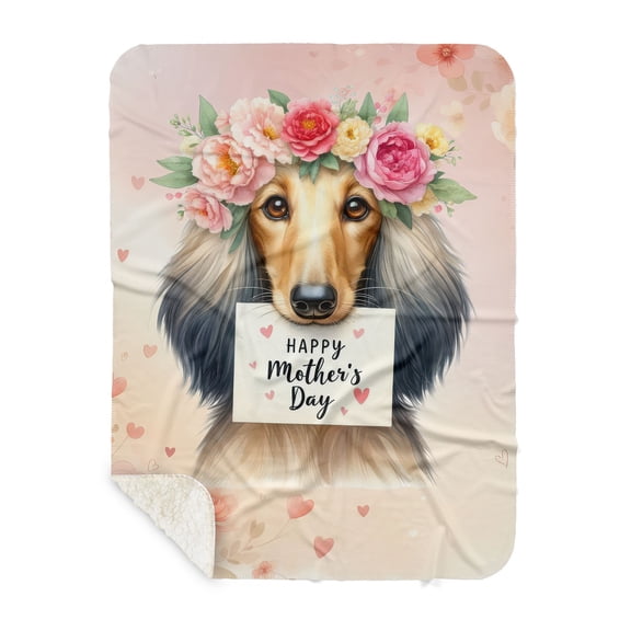 Happy Mother's Day Afghan Hound with Flower Crown and Greeting Card Cozy Sherpa Blanket Dog Lover Warm Soft Throw Blanket - 13004