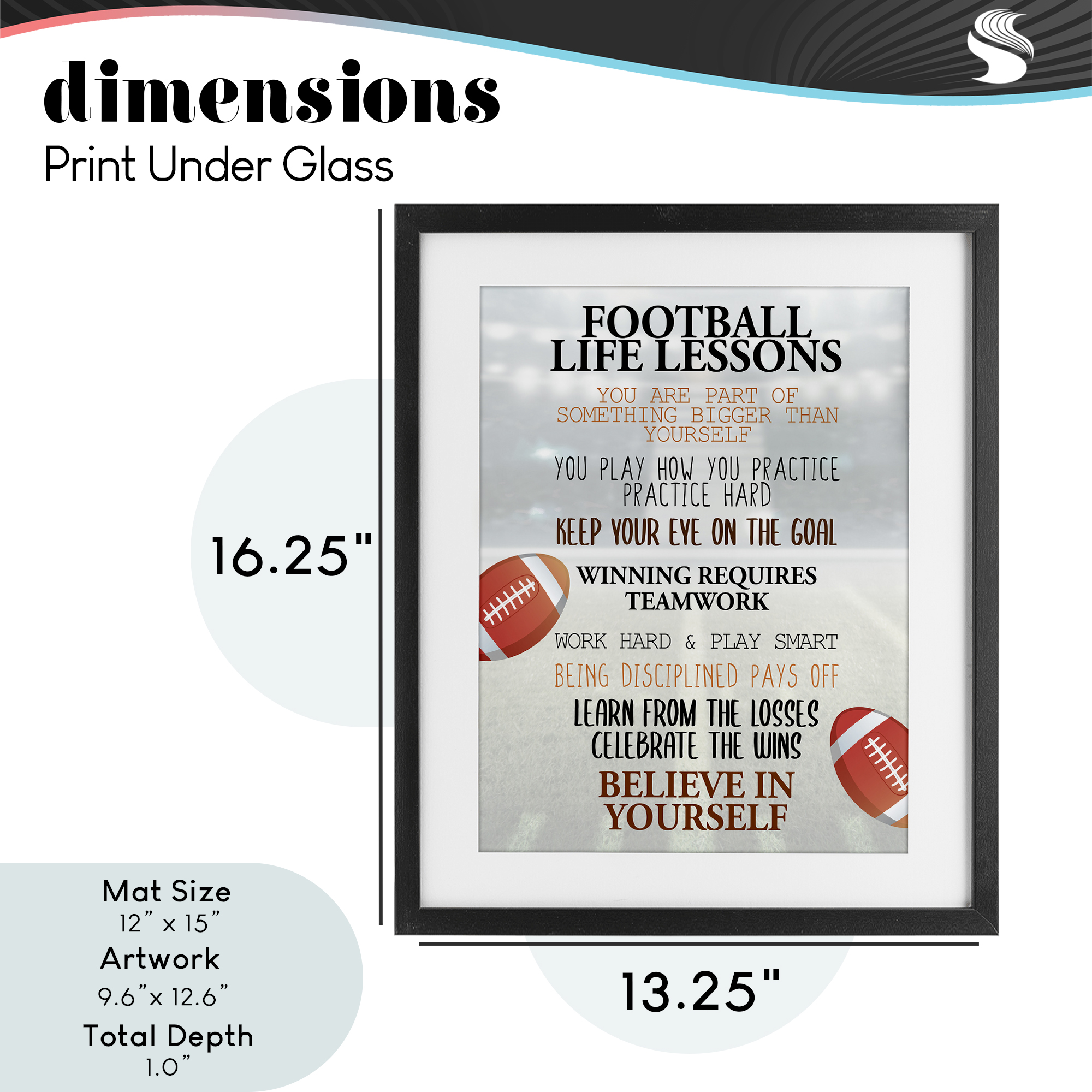 Football Life Lessons Black Framed Print Under Glass, design by Kim Allen