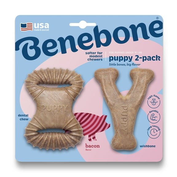 Benebone Puppy 2-Pack Dental Chew/Wishbone Dog Chew Toys, Real Bacon Flavor