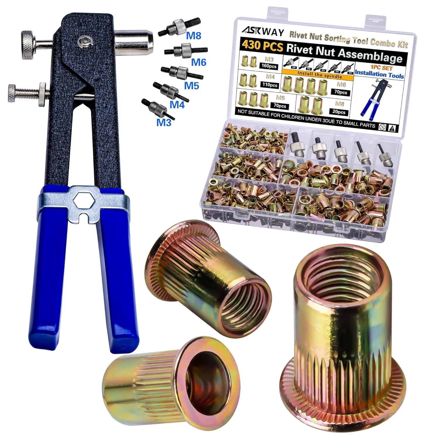 Imperial Rivet Nut Tool Kit 430pcs, SAE Rivet Nut Combination （5/16-18、1/4-20、10-24、8-32、6-32）, Suitable for Automotive, Marine and Industrial Applications(SAE Carbon Steel 430PCS)