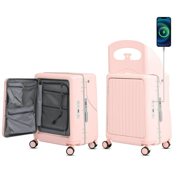 Advwin 20" Ride-On Suitcase for Kids & Adults, Hardshell Carry-On Luggage w/ Child Seat, Front Opening, USB Port, TSA Lock, 4 Spinner Wheels for Travel, Pink