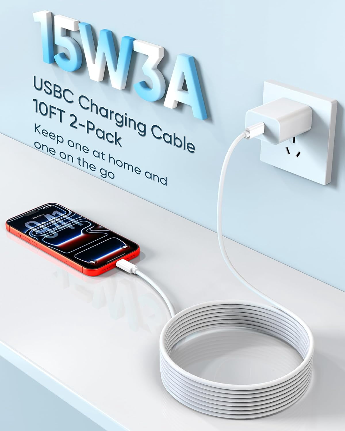 Charging cable 10 feet 2 pack, 3/15 fast charging, long cable suitable for charger & 480, white cable 10 feet suitable for 17-15, 25,,, &