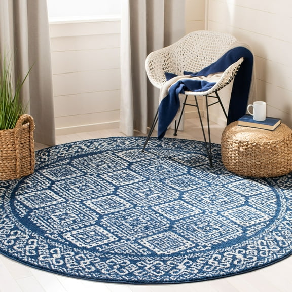 SAFAVIEH Tulum Ophelia Bordered Geometric Area Rug, Navy/Ivory, 5' x 5' Round
