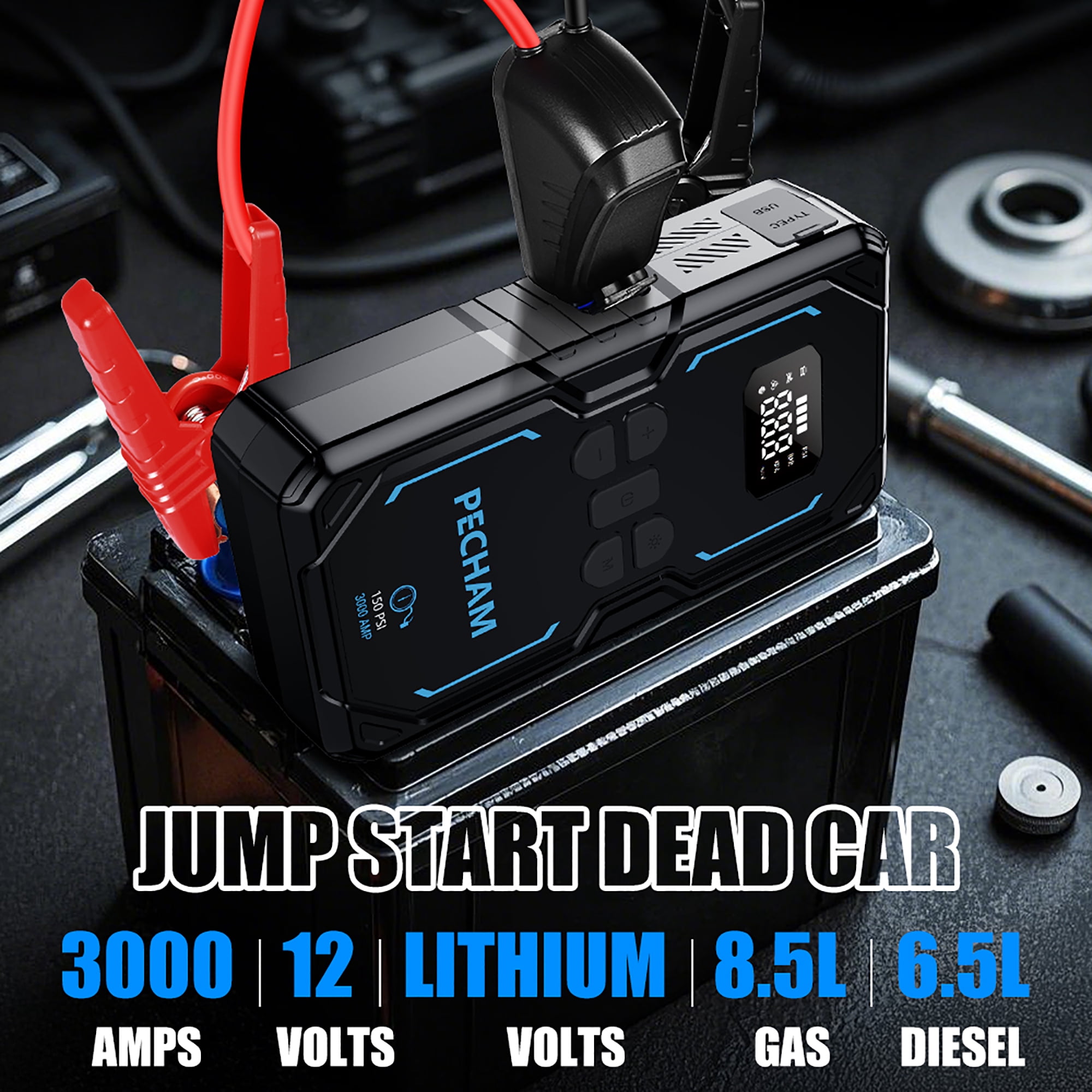 Pecham 3000A Car Jump Starter with Air Compressor, 150PSI Battery Jump Starter (for All Gas or up to 8.0L Diesel), 16000mAh Portable Car Battery Booster with LED Screen, 3 Modes Flashlight