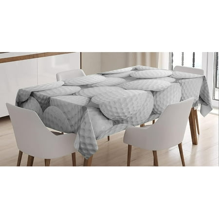 Sports Tablecloth, Pile of Realistic Golf Balls Together Closeup Picture Challenge Entertainment Joyful, Dining Room Kitchen Rectangular Table Cover, 52" X 70", White Grey