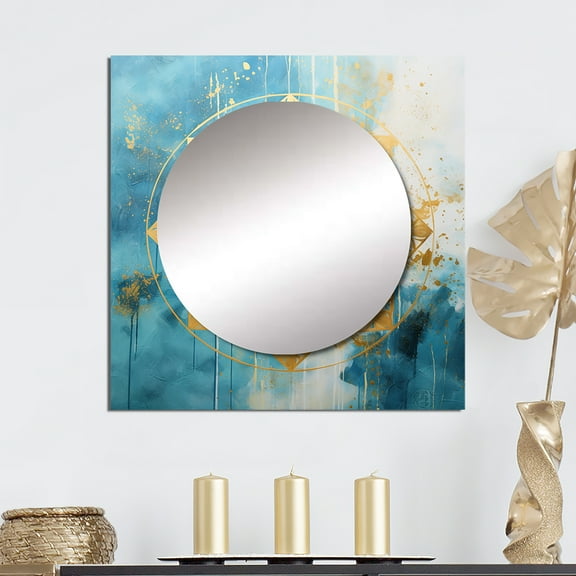 Designart "Sacred Mandala Fragile Gold Gentle Cyan VII" Boho Mandala Square Mirror For Wall Decor - Large Gold Square Printed Wall Mirror Art - Wall Mounted Square Large Mirror