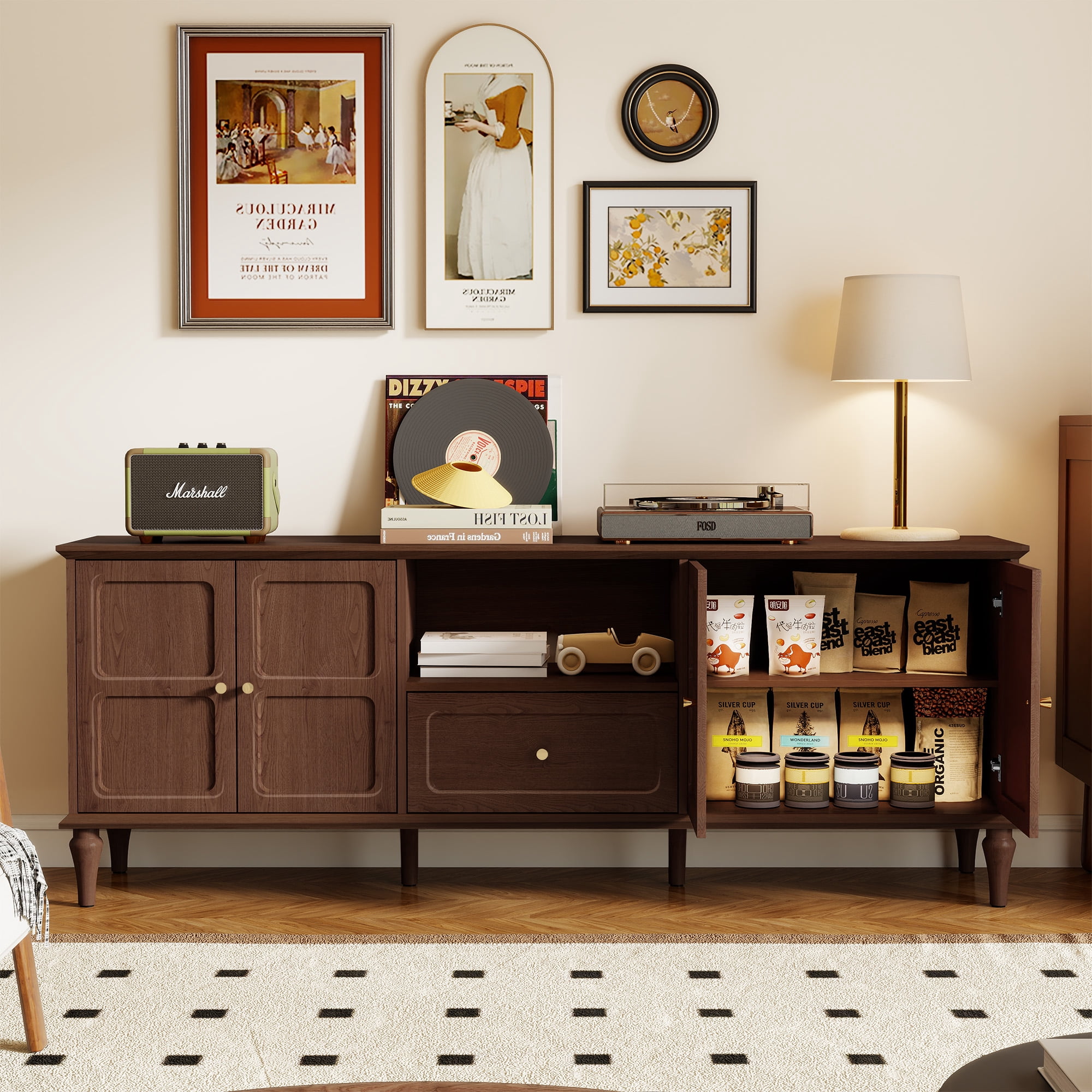 67" Mid-Century TV Stand for TVs up to 75 " , Retro Entertainment Center with Storage Cabinets and Drawers, Brown
