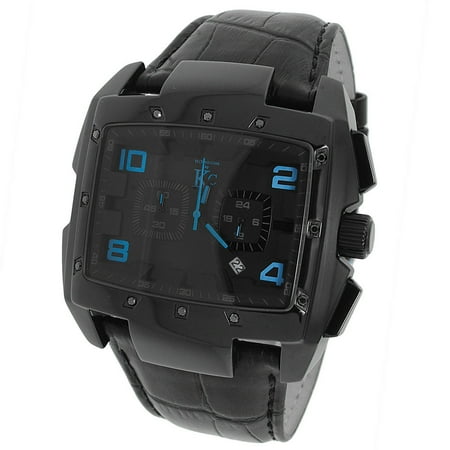 - KC Men's Stainless Steel Watch Japan Chronograph Genuine White Diamond Black Padded Leather Strap