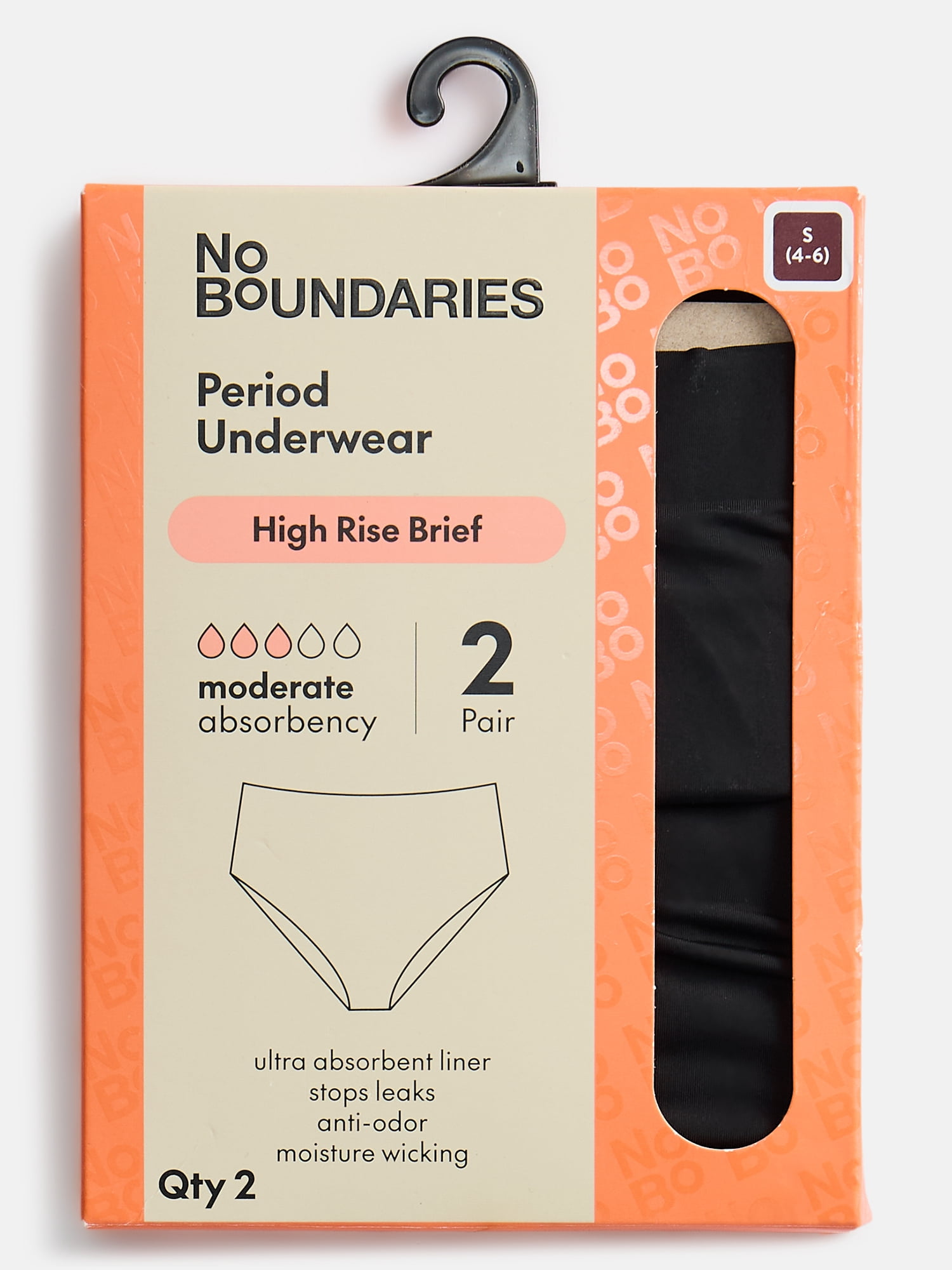No Boundaries High-Rise Brief Moderate Absorbency Period Underwear, 2-Pack, Women’s Sizes XS-XXL