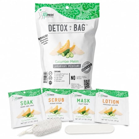 SPA REDI Detox In A Bag Pedicure Kit -Pedicure Massage for Tired Feet, Detoxifies and Refreshes Feet, Cooling Cucumber