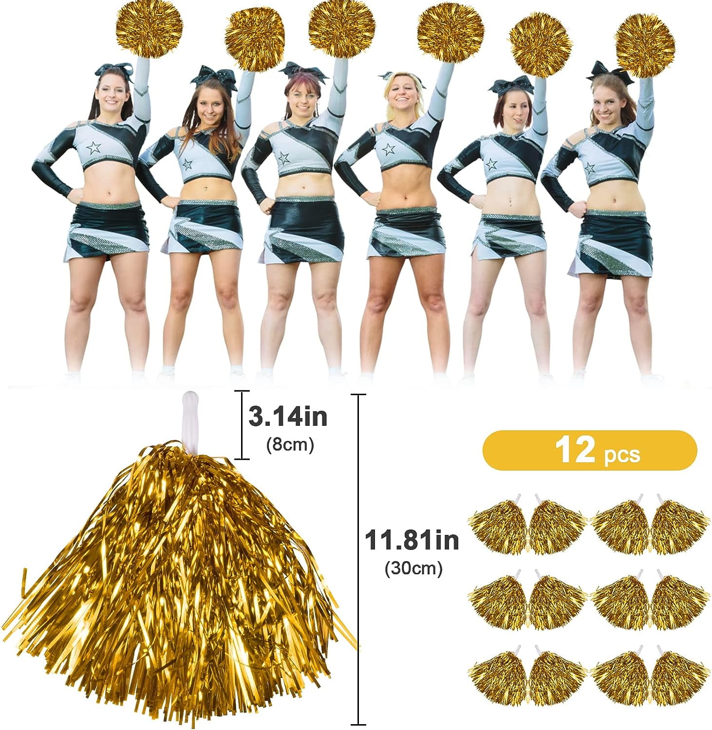 LINLIN 12Pcs Cheerleading Pom Poms Dance Cheer Poms Cheerleader Pompoms Cheer for Kids Adults Ball Dance Sports Team Spirit Cheering Fancy Dress Night Party