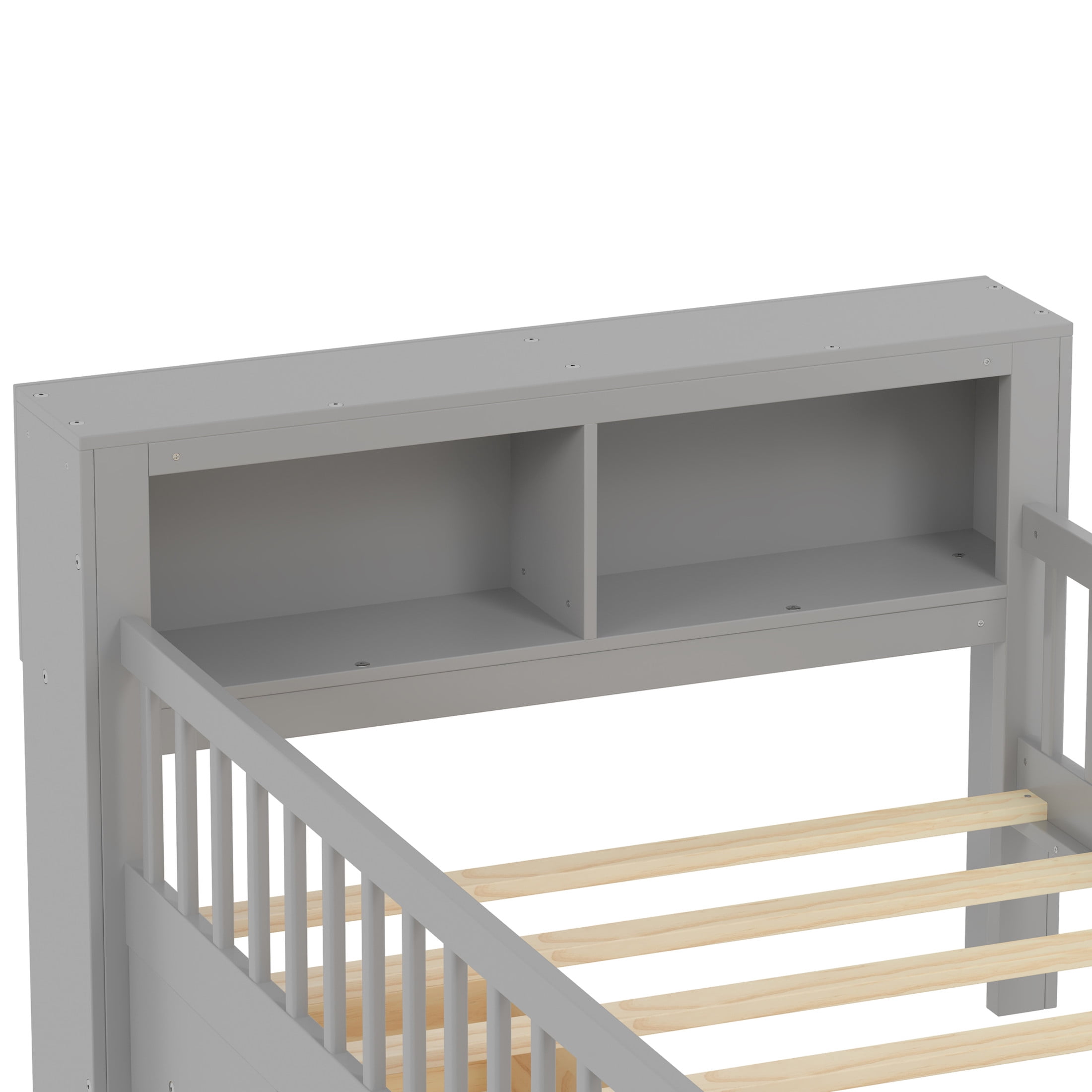 Noble House Twin Bed Frame with Headboard Storage Rack, 2 Drawers, and Safety Guardrails, Gray