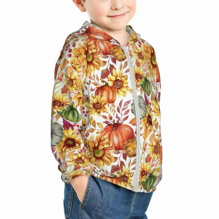 

Uemuo Sunflowers Pumpkins And Autumn Leaves Pattern Rash Guard for Boys Girls Long Sleeve Swim Shirts UPF 50+ UV Sun Protection Hooded Fishing Shirt with Pocket for Kid-5 Years
