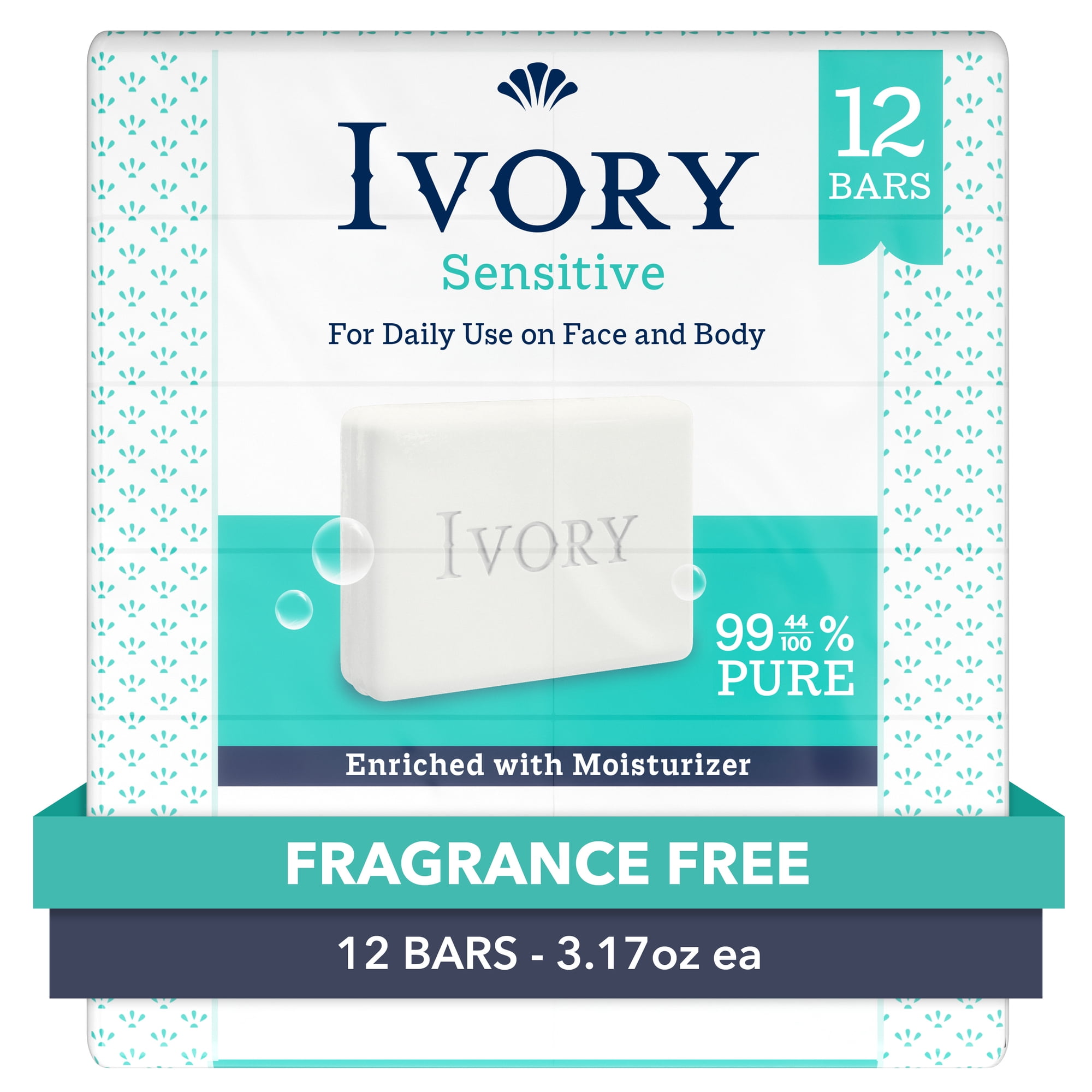 Ivory Sensitive Bar Soap, Fragrance Free 3.17 oz (12 count)