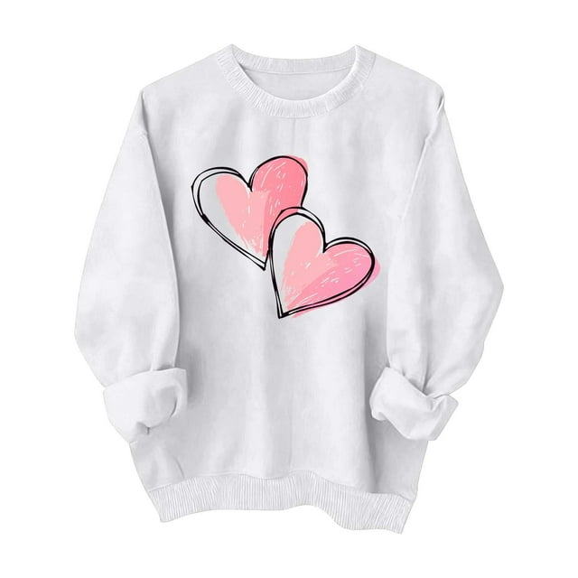 Ltctricy Chandails en Molleton pour Femmes Col Rond Manches Longues Imprimé Cœur chandail-Over Chandail Hauts Graphiques de la Saint-Valentin (Blanc, TTTG)