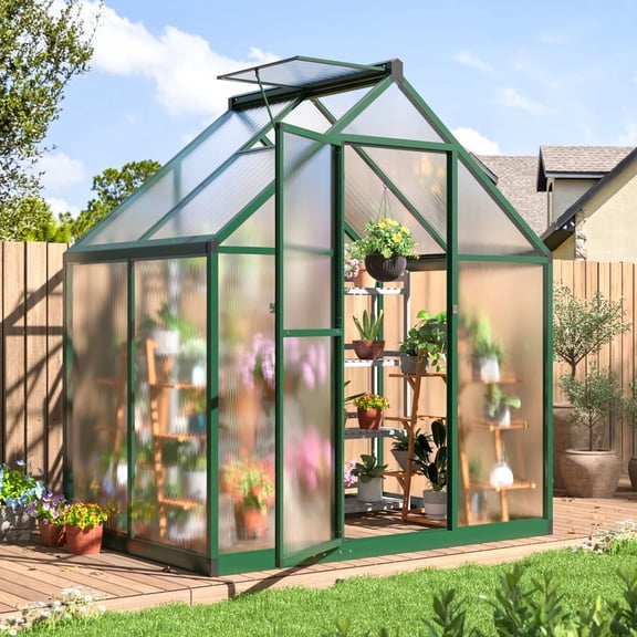 NETAJE 4'x 6'Quick Setup Polycarbonate Greenhouse with Window,Large Aluminum Walk-in Green House for Backyard/Outdoor,Green