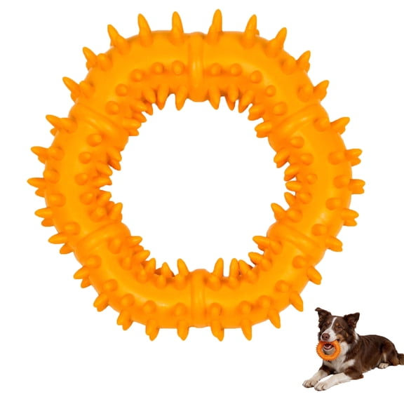 Deeow Dog Chew Toy, Natural Rubber Spiked Ring Dental Teething Toy for Medium Dogs & Puppies, Interactive Fetch Boredom Buster, Orange