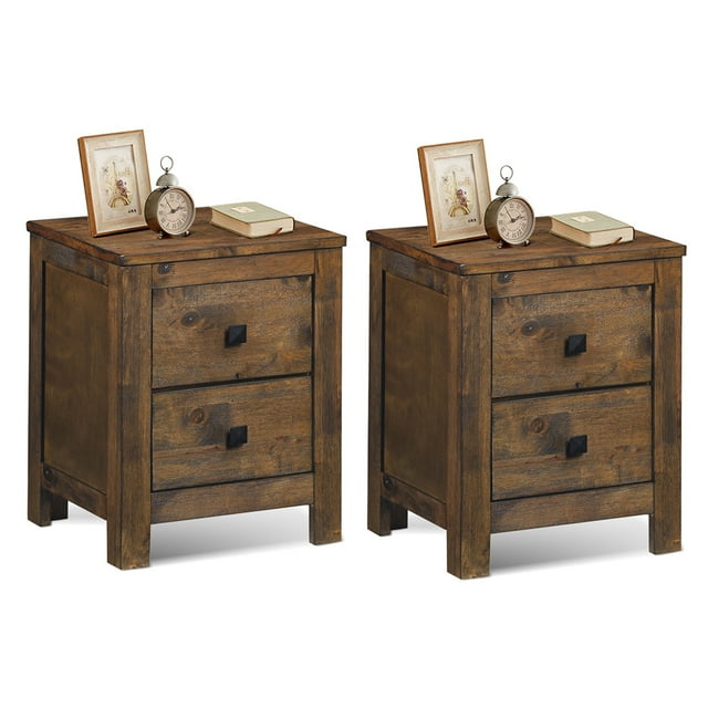 Costway 2PCS Nightstand Bed Side End Coffee Table Wood 2 Storage Sliding Drawers Bedroom