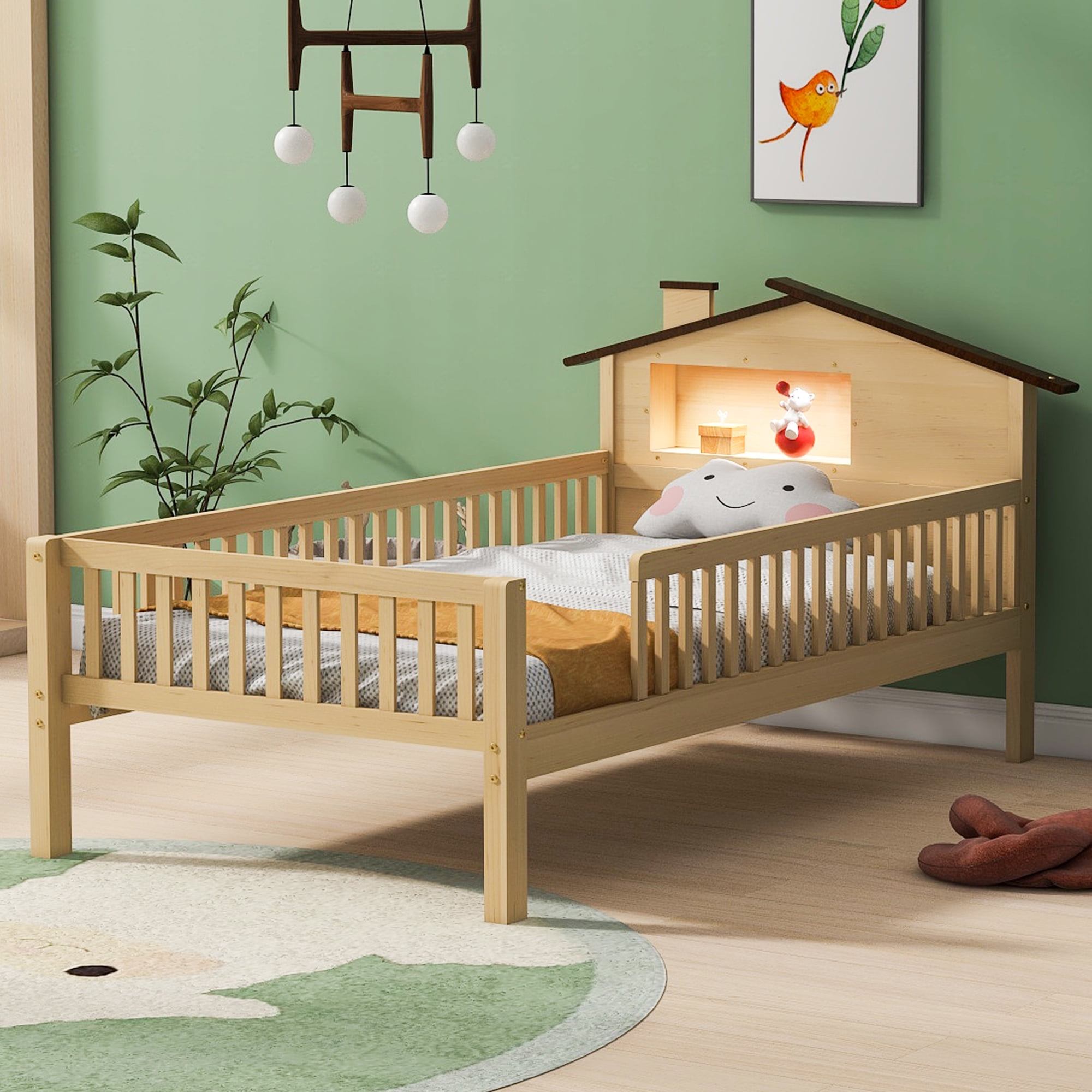 EUROCO Wood Twin Size Platform Bed Frame with House Like Roof and LED Light, Natural