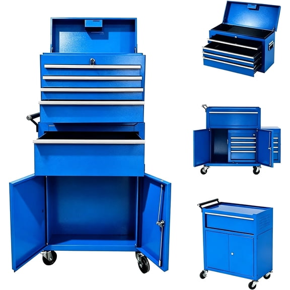 Heavy Duty 20-Inch 5-Drawer Rolling Tool Chest - 2-in-1 Detachable Metal Storage Cabinet with Lockable Wheels, Portable Top Box, Spacious Organizer for Garage & Workshop - Blue