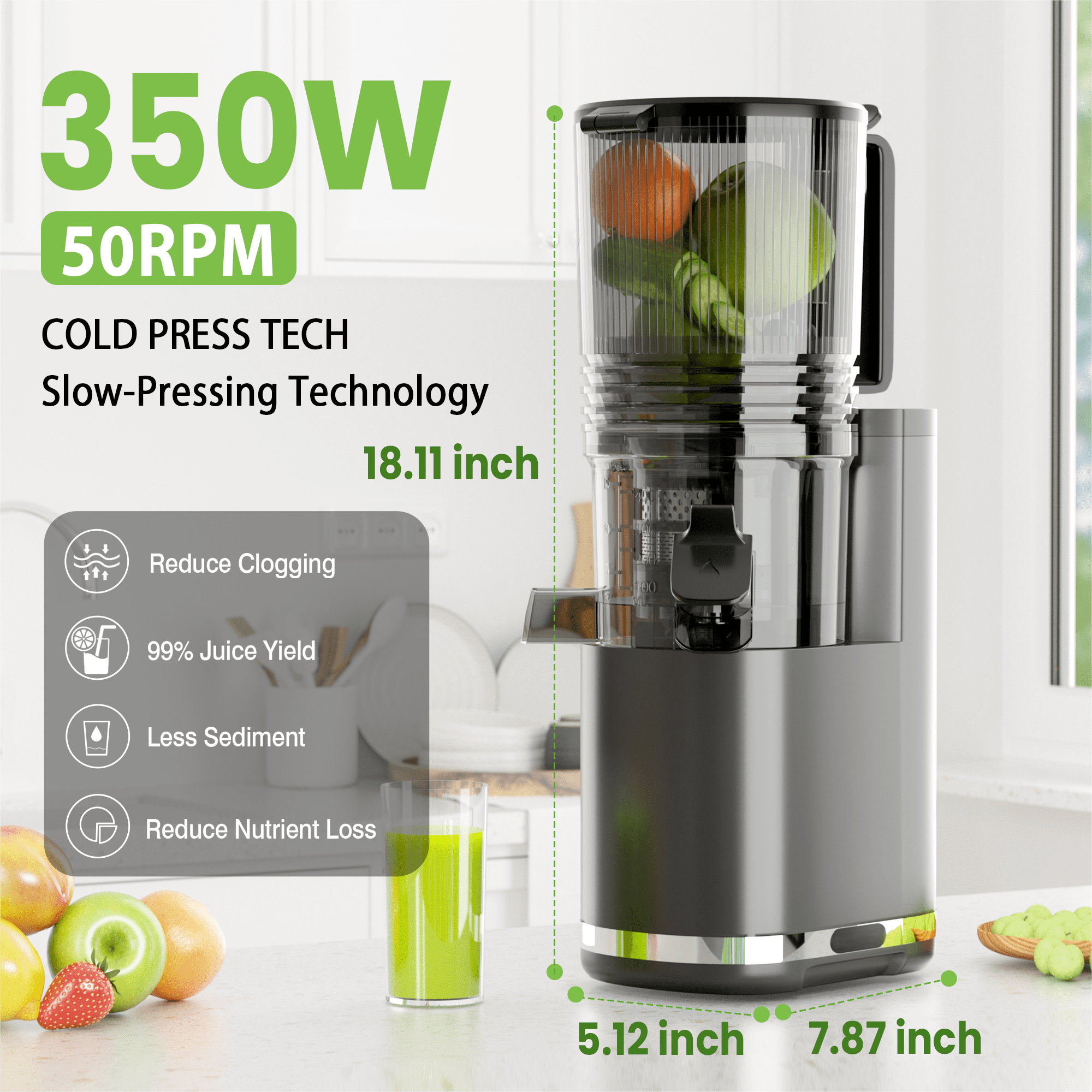 Cofiyard Cold Press Juicer, 6.5" Extra Large Feed Chute Juicer Machines, 350W Slow Masticating Juicer Machines with High Juice Yield for Whole Vegetables & Fruits, BPA Free, Gray, Easy to Clean
