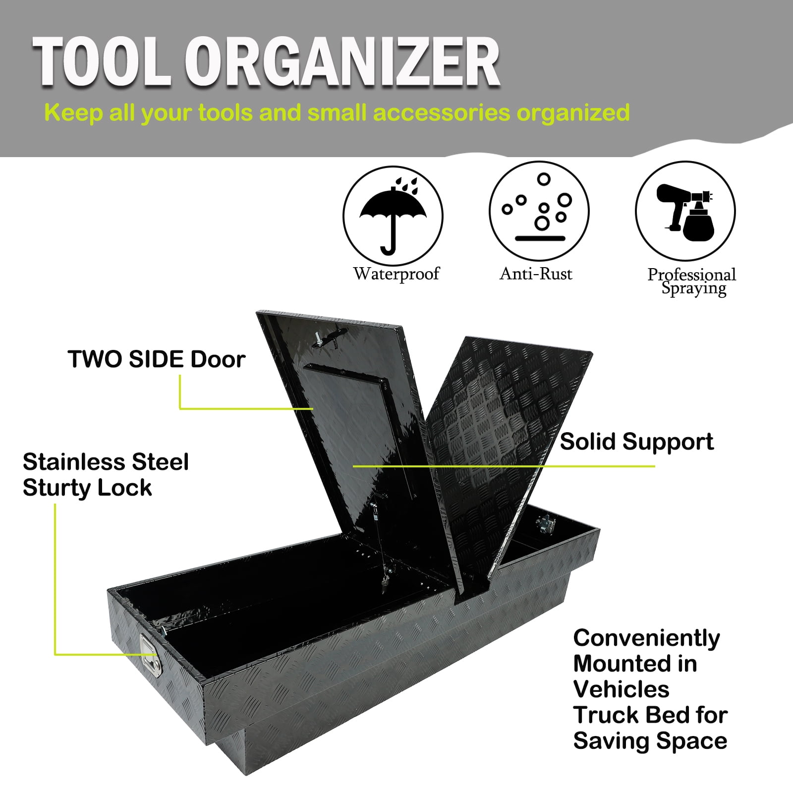 Gull Wing Crossover Truck Tool Box, 70"X20"X13" Aluminum Pickup Truck Bed Waterproof Tool Box Trailer Storage Organizer w/Lock & Key