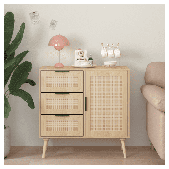 Rattan Wood Dresser - Modern Storage Cabinet for Bedroom, Living Room - 35" Wide Sideboard