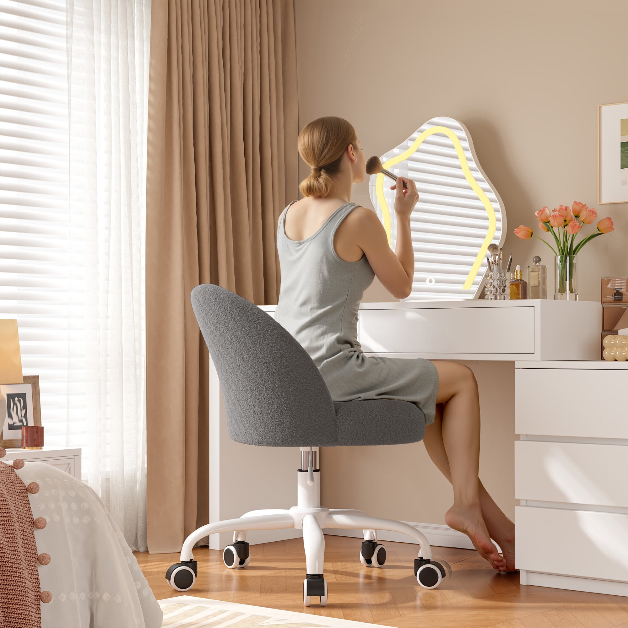 Romorgniz Vanity Chair Height Adjustable Desk Chair with Wheels, Armless Office Chair with Soft Lumbar Support for Small Space, Bedroom, Home office, Grey
