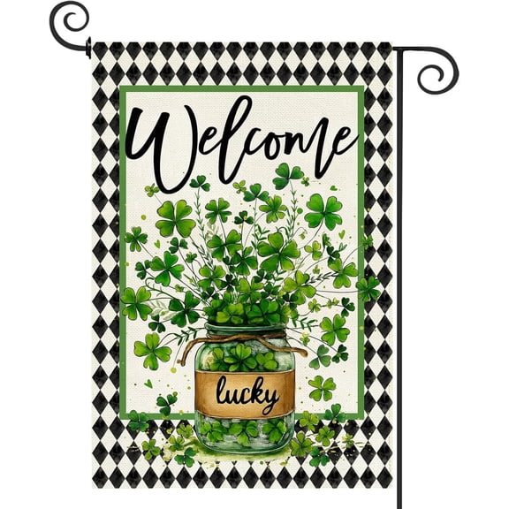 diyeu St Patricks Day Garden Flag 12.5 x 18 Inch, Shamrocks Clover Lucky Double Sided Burlap Welcome Small Yard Flag Holiday Lawn Proch Outdoor Outside Decor