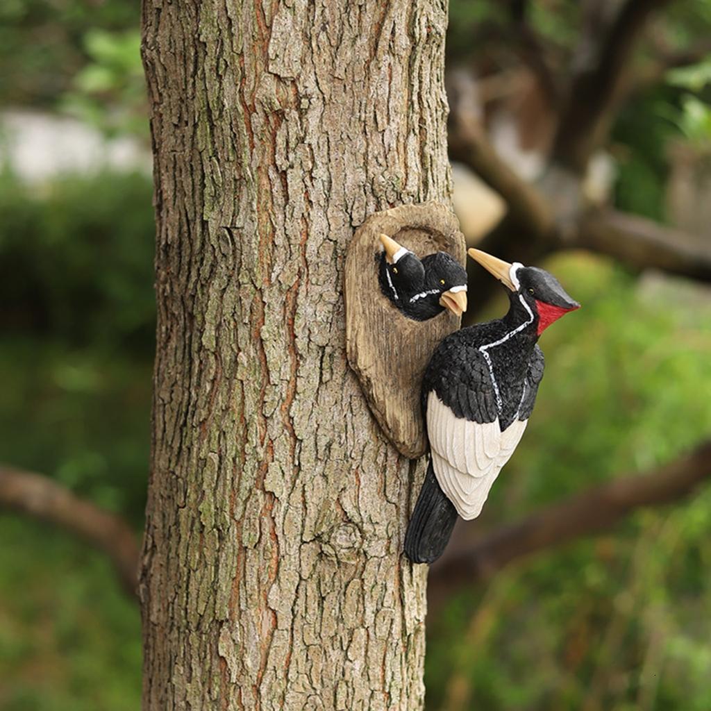 Mom and Baby Woodpecke Garden Statue Hanging Bird Figurine Yard Art Sculpture