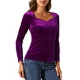 thumbnail image 4 of INSPIRAR CHIC Tops de terciopelo para mujeres, camiseta elegante de manga larga con escote corazón, XS, púrpura rojo, 4 of 6