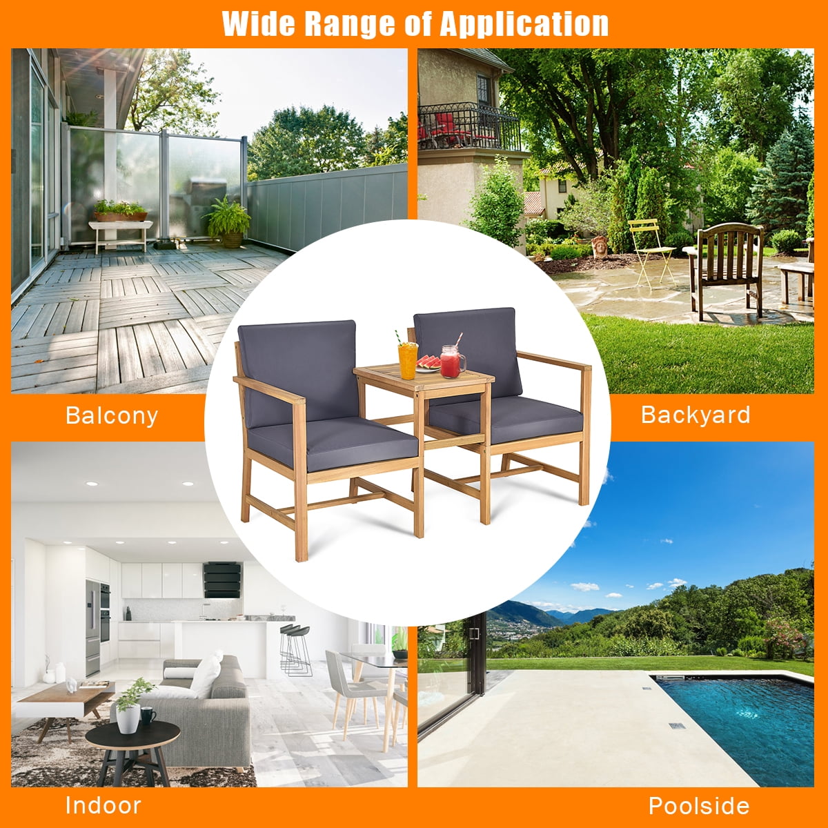 Costway 3 in 1  Patio Table Chairs Set Solid Wood Garden Furniture