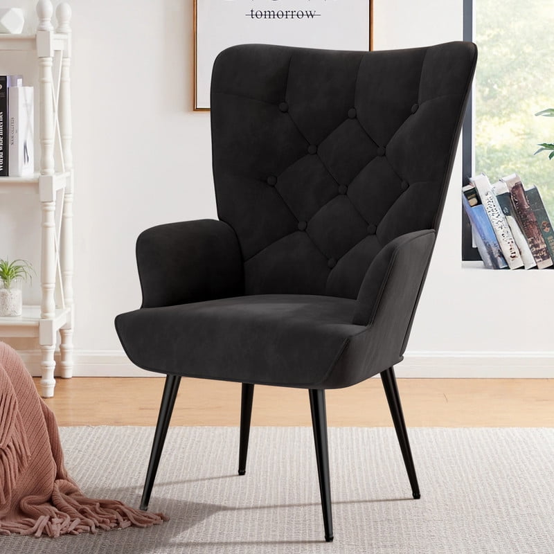 Hawsaiy High Back Velvet Accent Chair Set of 2 with Metal Legs, Modern Mid Century Armchair, Wingback Reading Chair for Bedroom Living Room,Black