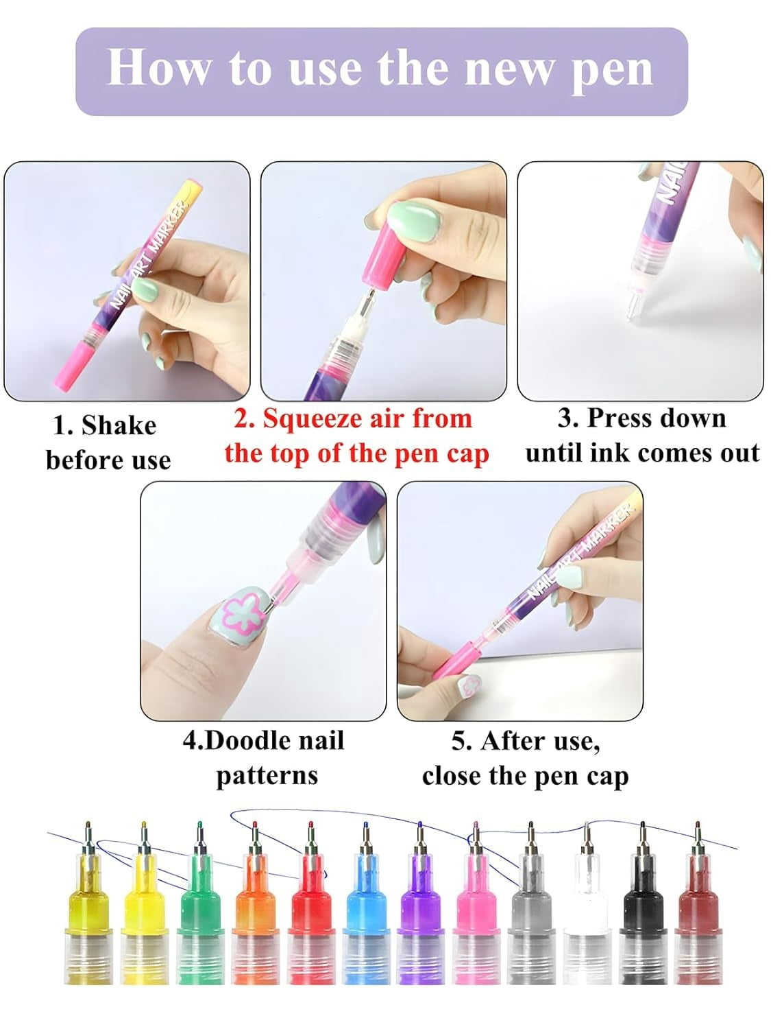 12 Colors Nail Art Pens Set, 3D Nail Art Markers Doodle Pen for Adults, Nail Art Tools for Polishing Dotting Painting Liner DIY 10ml